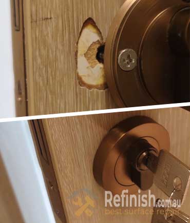 New Door Lock Installation Error: Invisible Wood Grain Restoration